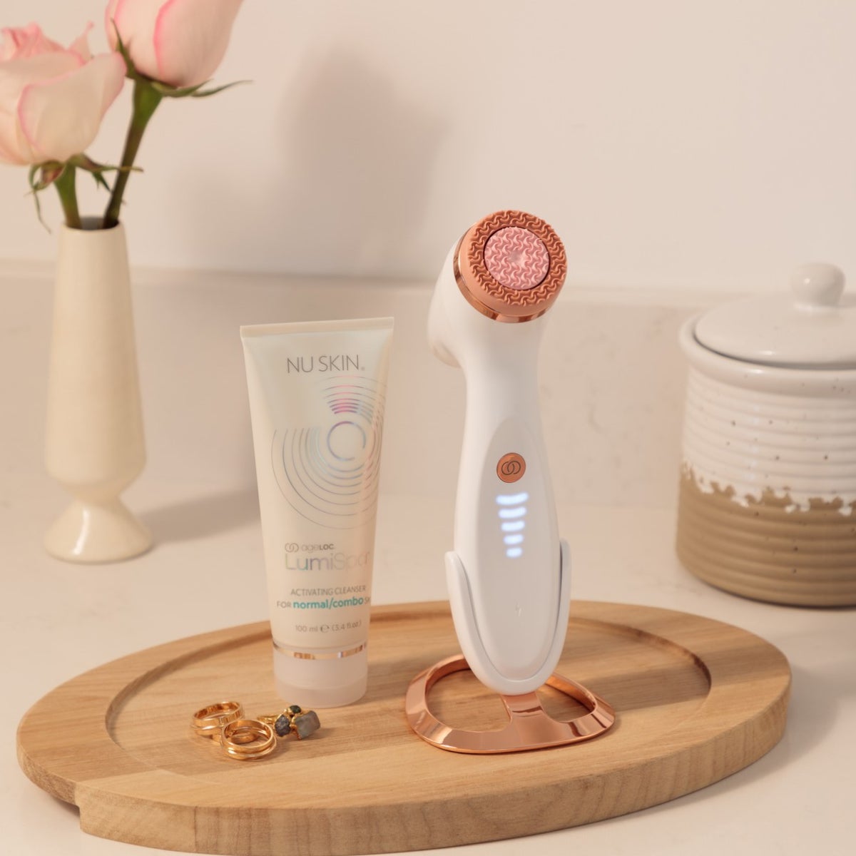 lumispa io rose gold cleansing kit with rose gold stand